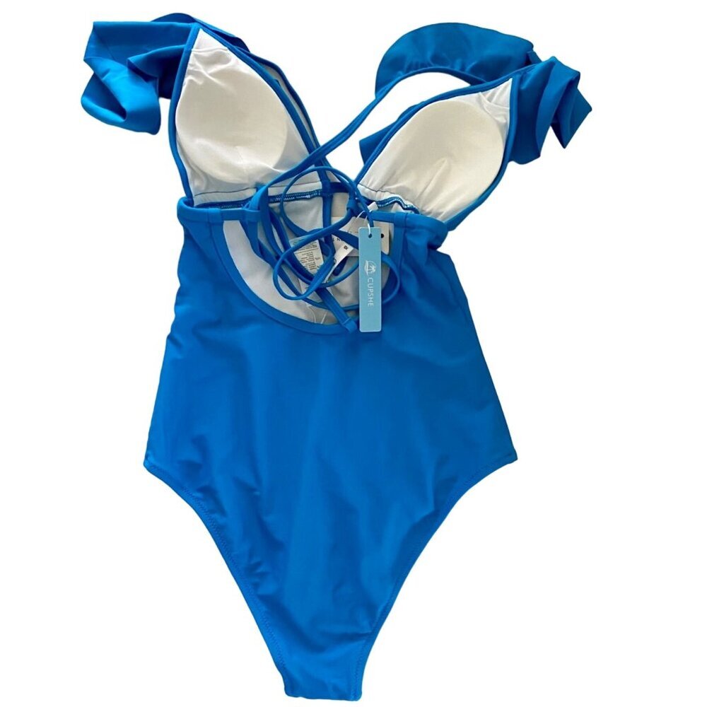 Cupshe Blue Ruffle Tie Back Plunging Neck Strappy One Piece Swimsuit XS NEW NWT - Picture 3 of 10